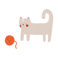Flat illustration of a light brown cat playing with a red ball of thread. Cute children's illustration on an isolated background png
