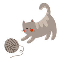 plano ilustração do uma Castanho gato jogando com uma bola do fio. fofa crianças ilustração em a isolado fundo png