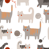 seamless pattern with cartoon cats. Kittens play with balls of thread. Cute children's design png