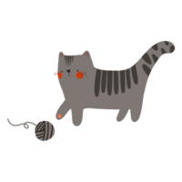 Flat illustration of a dark grey cat playing with a ball of thread. Cute children's illustration on an isolated background png