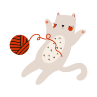 plano ilustração do uma gato jogando com uma bola do fio. a gato é deitado em Está voltar. fofa crianças ilustração em a isolado fundo png