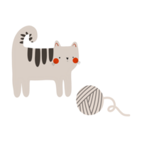Flat illustration of a light brown cat playing and dark stripes with a ball of thread. Cute children's illustration on an isolated background png