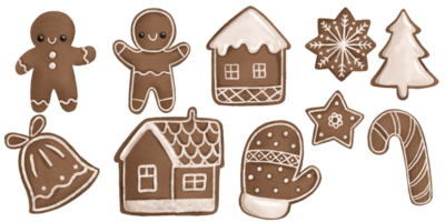 ensemble de pain d'épice biscuits. main tiré illustration sur isolé Contexte. Nouveau année pain d'épice dans le forme de Noël des arbres, Maisons et peu gens png