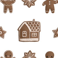 sömlös jul mönster av pepparkaka man , hus och snöflingor på transparent bakgrund. barnslig design png