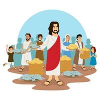 Jesus fed 5000 people by performing a miracle of multiplying 5 loaves of bread and 2 fish into a very large number vector