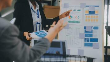 Close up ux developer and ui designer use augmented reality brainstorming about mobile app interface wireframe design on desk at modern office.Creative digital development agency photo