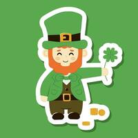 Sticker Cute cartoon leprechaun with clover and coins symbol of luck . Vector bearded Irish, Saint Patrick