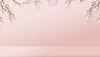 primavera fondo,estudio habitación con 3d podio monitor con Cereza cierne en rosado pared fondo, vector ilustración fondo sakura flor marco frontera para madre Día, San Valentín, Pascua bandera