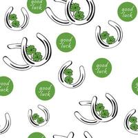 seamless pattern metal horseshoes and clover leaf for good luck. Irish lucky green clover in the shape of horseshoe. happy clover on St. Patrick's Day. vector