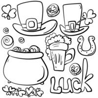 Set of outline doodles for St. Patrick's day, symbols of good luck in a simple linear style vector