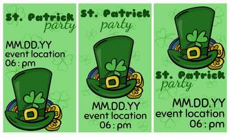 S t. patrick's día fiesta, conjunto de vertical formato volantes o invitaciones en dibujos animados estilo vector