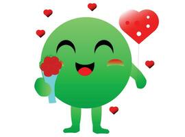 valentine's day celebration by cute green round characters carrying heart balloons and a bouquet of red rose vector