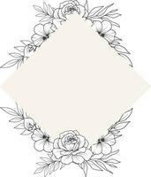 Flower Frame. Hand drawn Botanical vector illustration. Black and white wreath.