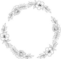 Flower Frame. Hand drawn Botanical vector illustration. Black and white wreath.