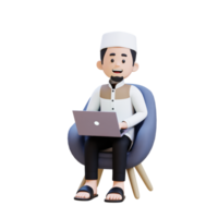 3D Characters of Muslim Man sit on sofa and working on a laptop perfect for banner, web dan marketing material png