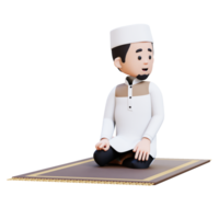 3d personnages de musulman homme est dans dernier tahiyat séance pendant prière et donner salam à le la gauche dans Ramadan parfait pour bannière, la toile dan commercialisation Matériel png