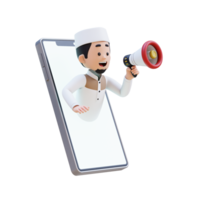 3D Characters of Muslim Man holding  megaphone and jump out from phone screen perfect for banner, web dan marketing material png