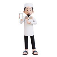 3D Characters of Muslim Man pointing to empty phone screen perfect for banner, web dan marketing material png