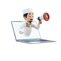 3D Characters of Muslim Man holding  megaphone and jump out from computer screen perfect for banner, web dan marketing material png