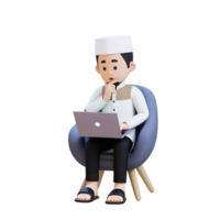 3D Characters of Muslim Man sit on sofa confuse thinking and working on a laptop perfect for banner, web dan marketing material png