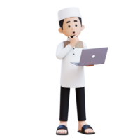 3D Characters of Muslim Man confuse while working on a laptop perfect for banner, web dan marketing material png