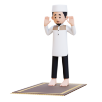 3D Characters of Muslim Man doing takbir in sholat on Ramadan kareem perfect for banner, web dan marketing material png