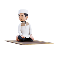 3D Characters of Muslim Man is in last tahiyat sitting during prayer and give salam to the right in ramadan perfect for banner, web dan marketing material png