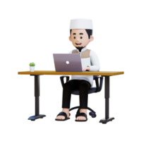 3D Characters of Muslim Man working on a laptop in working desk perfect for banner, web dan marketing material png