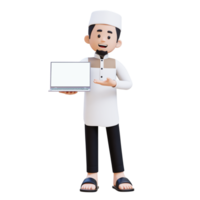 3D Characters of Muslim Man presenting on empty computer screen perfect for banner, web dan marketing material png