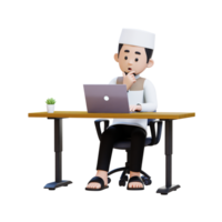 3d personnages de musulman homme en pensant et travail sur une portable dans travail bureau parfait pour bannière, la toile dan commercialisation Matériel png