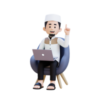 3D Characters of Muslim Man working on a laptop and pointing up perfect for banner, web dan marketing material png