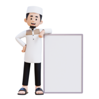 3D Characters of Muslim Man laying on blank placard perfect for banner, web dan marketing material png