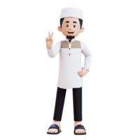 3D Characters of Muslim Man give peace hand sign perfect for banner, web dan marketing material png