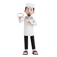 3D Characters of Muslim Man presenting on empty phone screen perfect for banner, web dan marketing material png