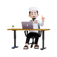 3D Characters of Muslim Man got idea and working on a laptop in working desk perfect for banner, web dan marketing material png