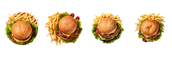 ai generado delicioso hamburguesa y francés papas fritas aislado parte superior ver conjunto en un transparente antecedentes png