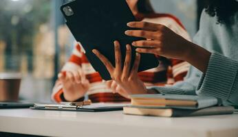 Finance manager meeting discussing company growth project success financial statistics, professional investor working start up project for strategy plan with document, laptop and digital tablet. photo