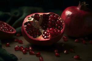 AI generated Ripe pomegranate with juicy seeds, on old wooden table. Neural network AI generated photo