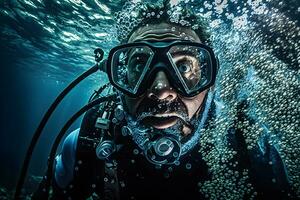 AI generated Male scuba diver underwater. Neural network AI generated photo