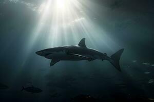 ai generado genial blanco tiburón posando en el profundo azul agua. neural red ai generado foto