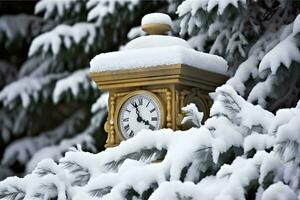 AI generated Vintage clock outdoors in winter. Neural network AI generated photo