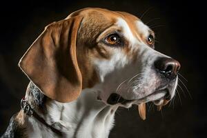 AI generated Beagle dog in portrait against black background. Neural network AI generated photo