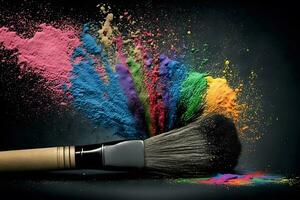 AI generated Makeup brush and rainbow paint splash. Neural network AI generated photo