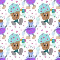 Seamless pattern with cupcakes, love potion and hearts.Cartoon characters in retro style of the 30s, 40s, 50s, 60s. Vector cupcake in love with a bouquet of flowers and a love potion, emotions.