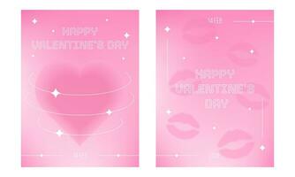 Set of posters with Happy Valentines Day in trendy y2k aesthetic. Blurred gradient background. Vector illustrations for greeting card, banner.