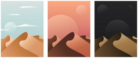 Set of posters with sand dunes and planets. Desert landscape background. Vector illustration