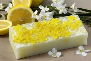 AI generated Lemon cake with coconut flakes. A piece of delicate vanilla dessert with cream. Neural network AI generated photo