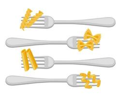 Set of forks with spaghetti and pasta on a white background. Food logos, restaurant menu icons. Vector