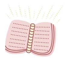 Magical glowing open book, cute color vector illustration in pink, yellow and brown colors