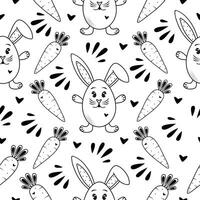 Cute rabbit and carrot, black and white seamless pattern vector